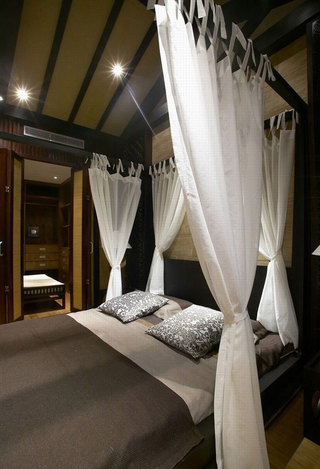 庄重素雅现代中式风格复式卧室白色帷幔搭配效果图