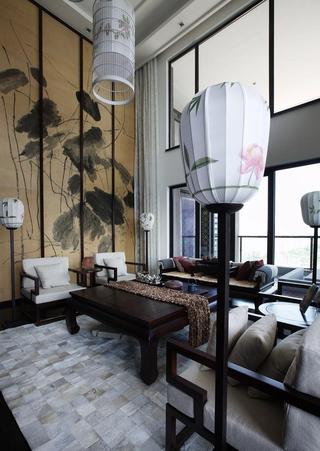 中式挑高客厅儒雅水墨画背景墙效果图