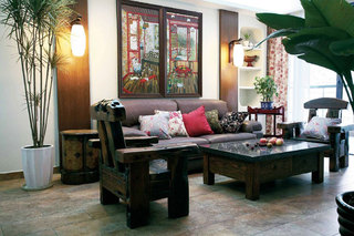 古朴中式田园风格客厅木质大理石茶几装饰效果