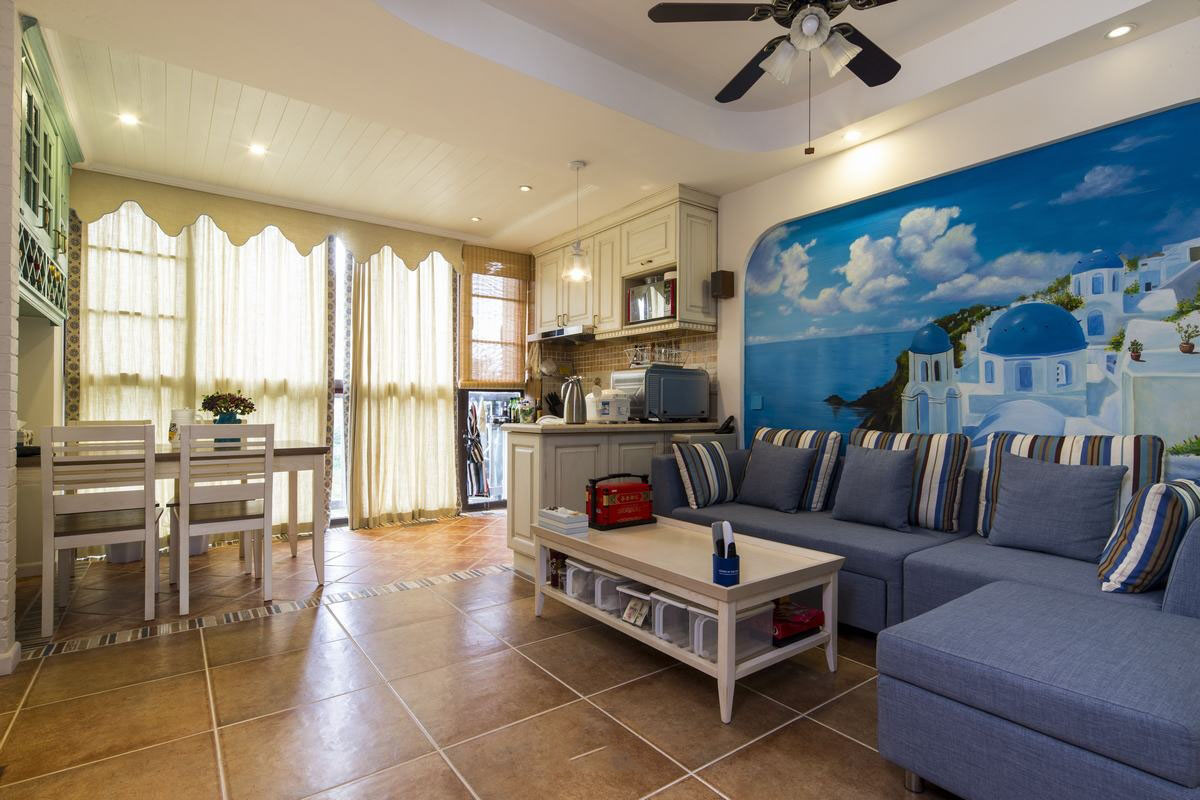蓝色系列地中海风格家居客厅沙发及背景墙装饰图片