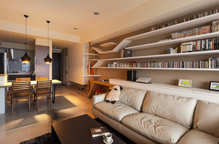 简约MUJI装修风格二居客厅多功能书架设计效果图