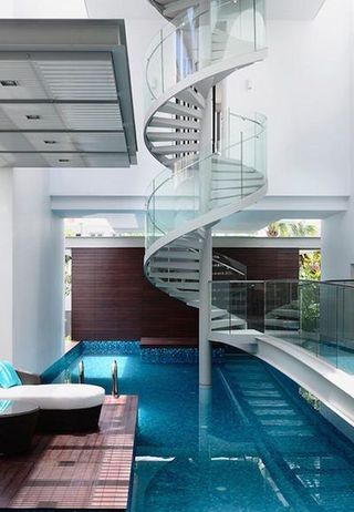 唯美纯白现代别墅泳池旋转楼梯效果图