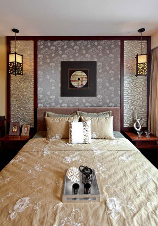 豪华时尚中式风格卧室床头背景墙设计效果图