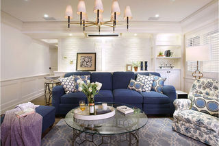 蓝色美式风格客厅沙发放置效果图