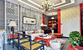 红色靓丽新中式风格客厅布置装饰效果图