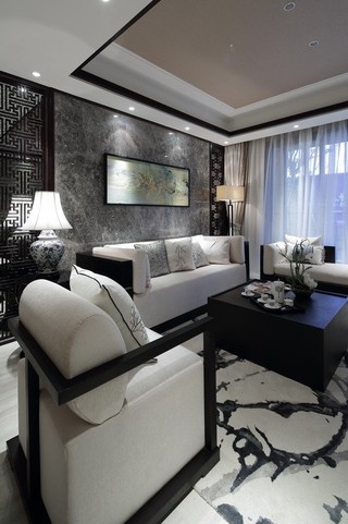 优雅现代新古典客厅沙发玉石背景墙效果图