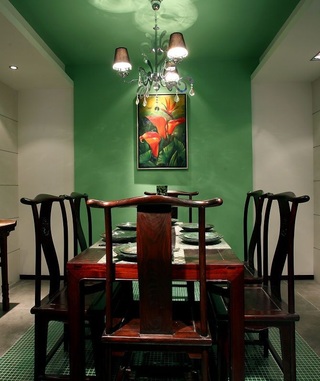 典雅中式餐厅草绿色背景墙效果图