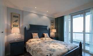 美式蓝色新古典卧室背景墙效果图