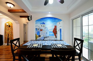 美式地中海混搭餐厅蓝色背景墙效果图