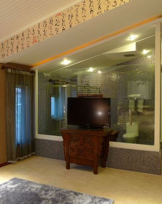 中式现代混搭客厅玻璃隔断效果图
