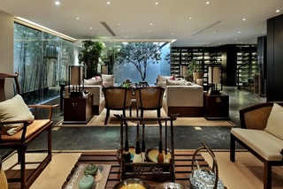 典雅中式茶室客厅一体效果图