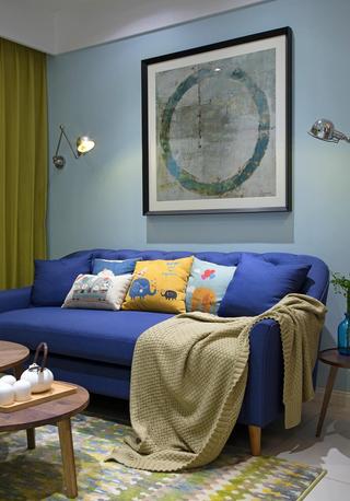 蓝色清新现代风客厅沙发背景墙效果图