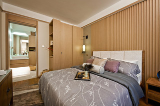 竖条木质造型日式卧室背景墙效果图