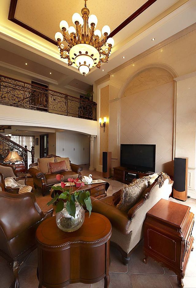 欧式实木复古风复式楼客厅效果图