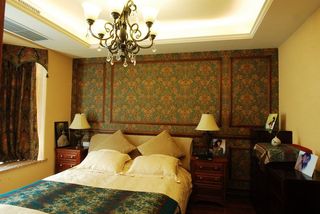 复古美式风格复式卧室床头背景墙设计装饰效果图片