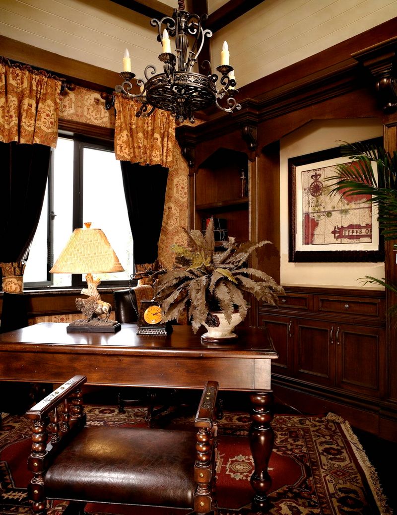 奢华实木纯欧式复古风格书房背景墙效果图