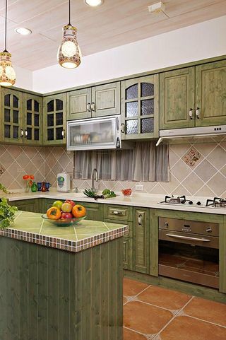 乡村田园风格厨房绿色橱柜效果图