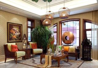 东南亚豪华风格设计别墅客厅弧形窗户效果图
