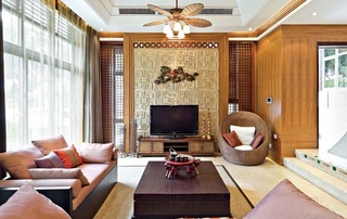 木质现代中式风格别墅客厅设计装潢案例图