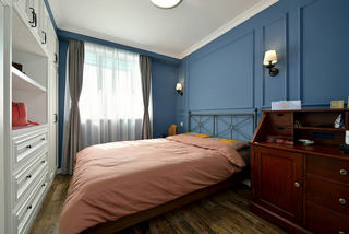 蓝色美式卧室床头背景墙设计装潢效果图