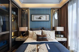 蓝色格调新古典主义卧室背景墙效果图